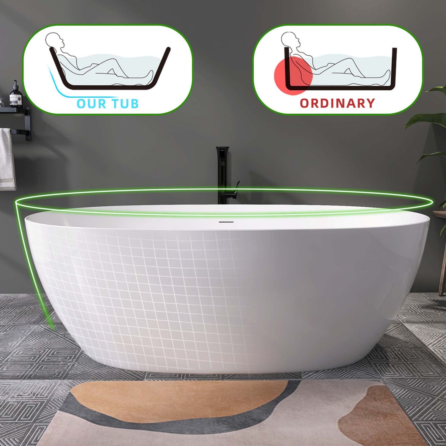 Comfort Backrest for 67&quot; Glossy White Oval Acrylic Freestanding Tub