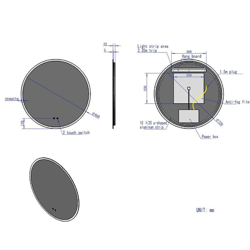 Round LED Light Bathroom Vanity Mirror Wall Mount Frameless Anti Fog