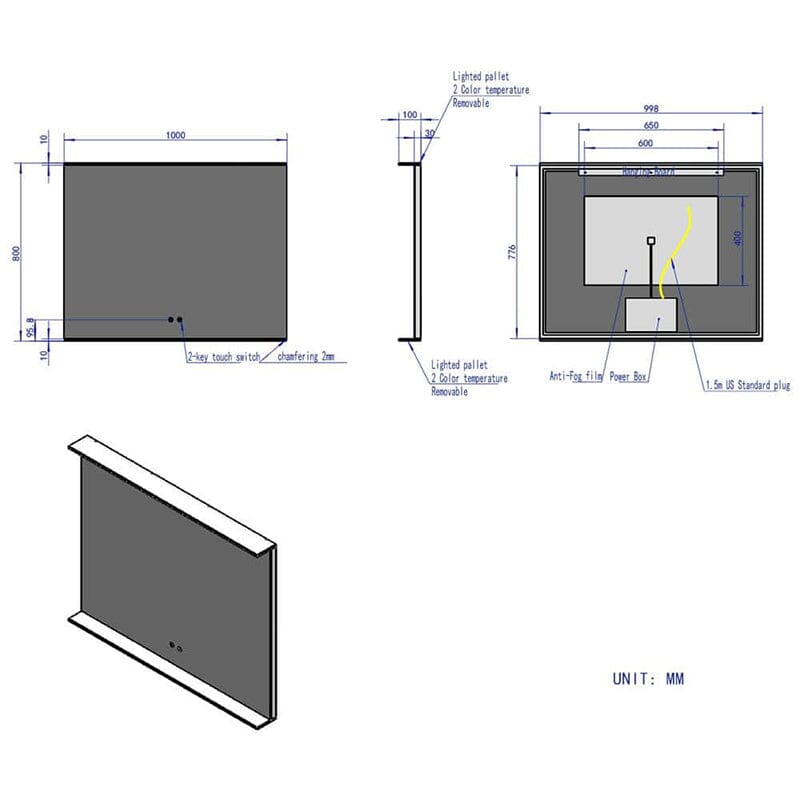 Rectangular Wall Mount LED Lighted Bathroom Vanity Mirror with Shelf