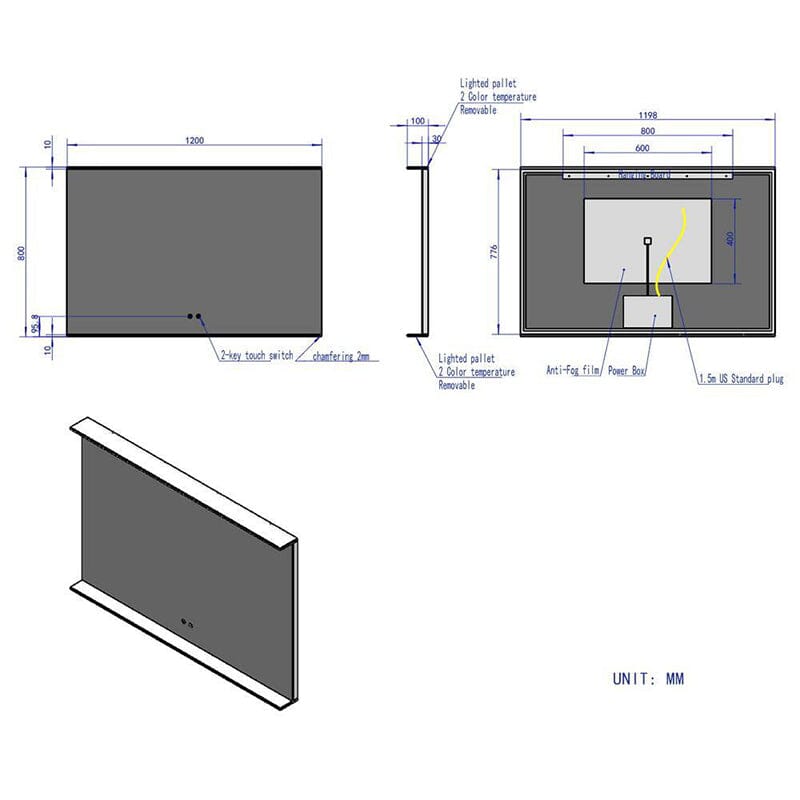 Rectangular Wall Mount LED Lighted Bathroom Vanity Mirror with Shelf