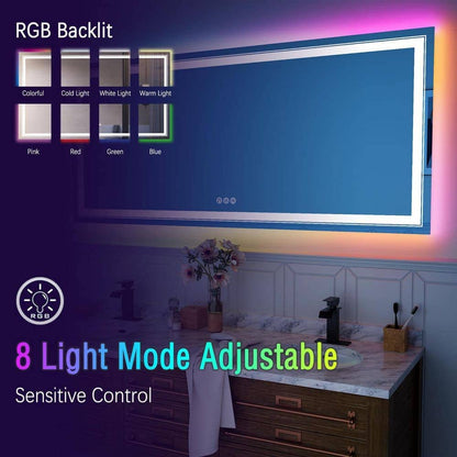 RGB LED Light Bathroom Vanity Mirror Rectangular Frameless Anti Fog