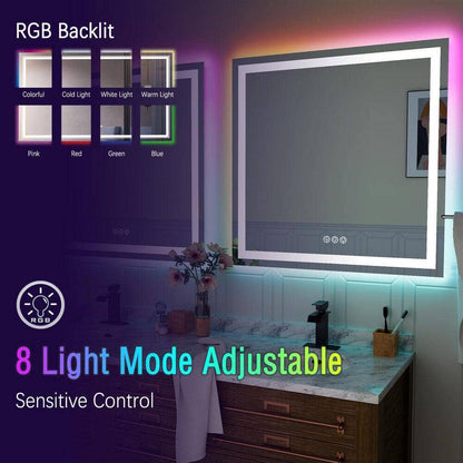 RGB LED Light Bathroom Vanity Mirror Rectangular Frameless Anti Fog