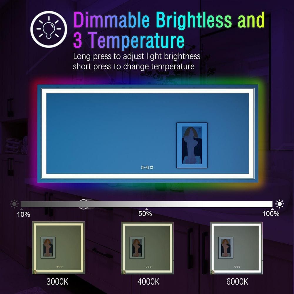 RGB LED Light Bathroom Vanity Mirror Rectangular Frameless Anti Fog