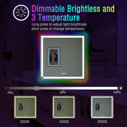 RGB LED Light Bathroom Vanity Mirror Rectangular Frameless Anti Fog