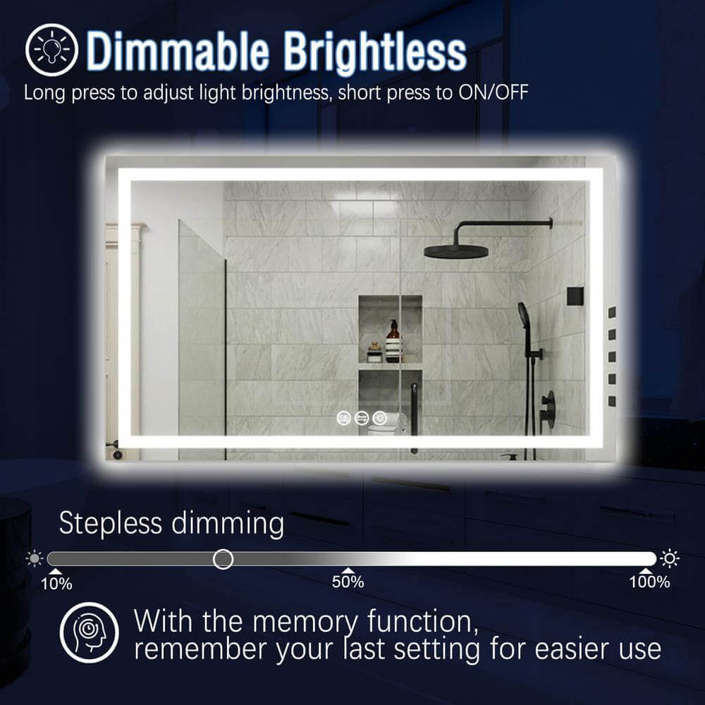 60&quot; x 36&quot; Rectangular Frameless LED Lighted Wall Mount Bathroom Vanity Mirror with Memory Function