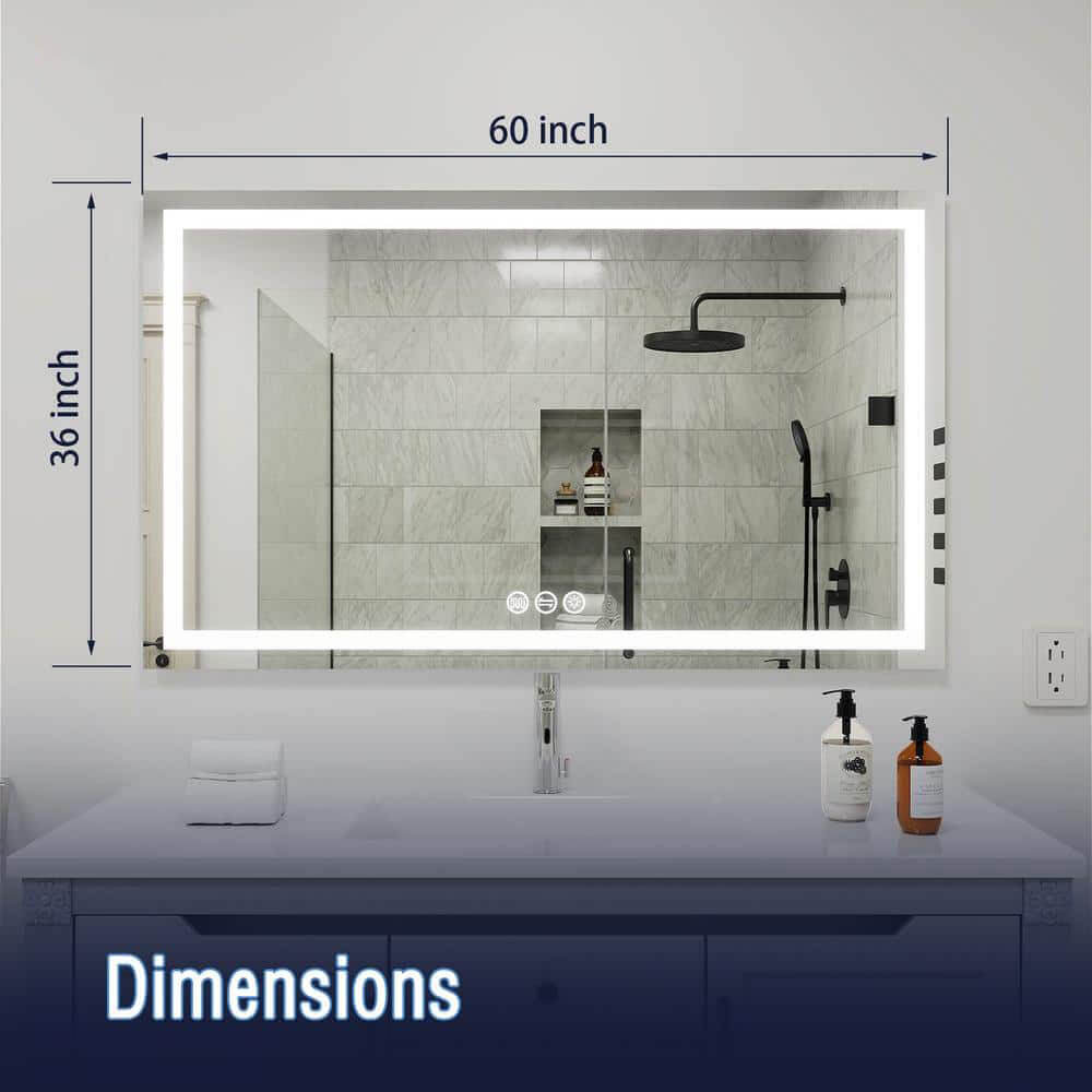 60&quot; x 36&quot; Rectangular Frameless LED Lighted Wall Mount Bathroom Vanity Mirror with Memory Function