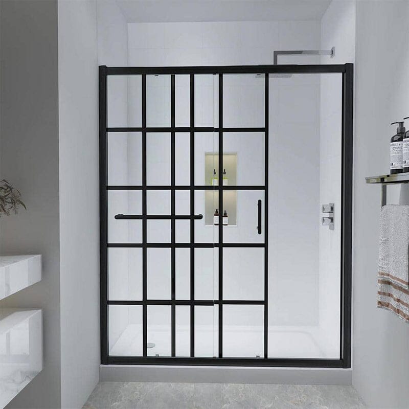 60 in. W x 72 in. H Explosion-proof Glass Sliding Framed Grid Shower Door with Towel Bar and Door Handle