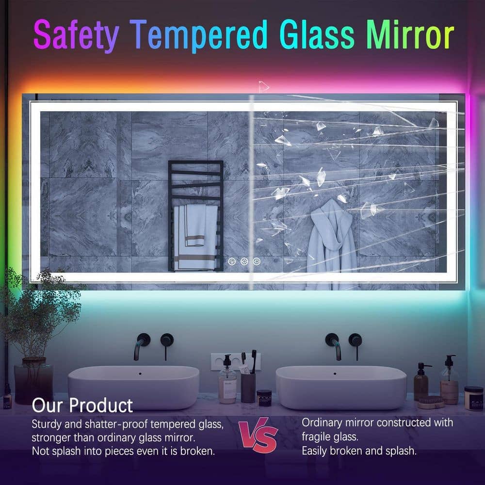 RGB LED Light Bathroom Vanity Mirror Rectangular Frameless Anti Fog