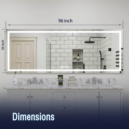 96&quot; x 36&quot; Rectangular Frameless LED Lighted Wall Mount Bathroom Vanity Mirror with Memory Function