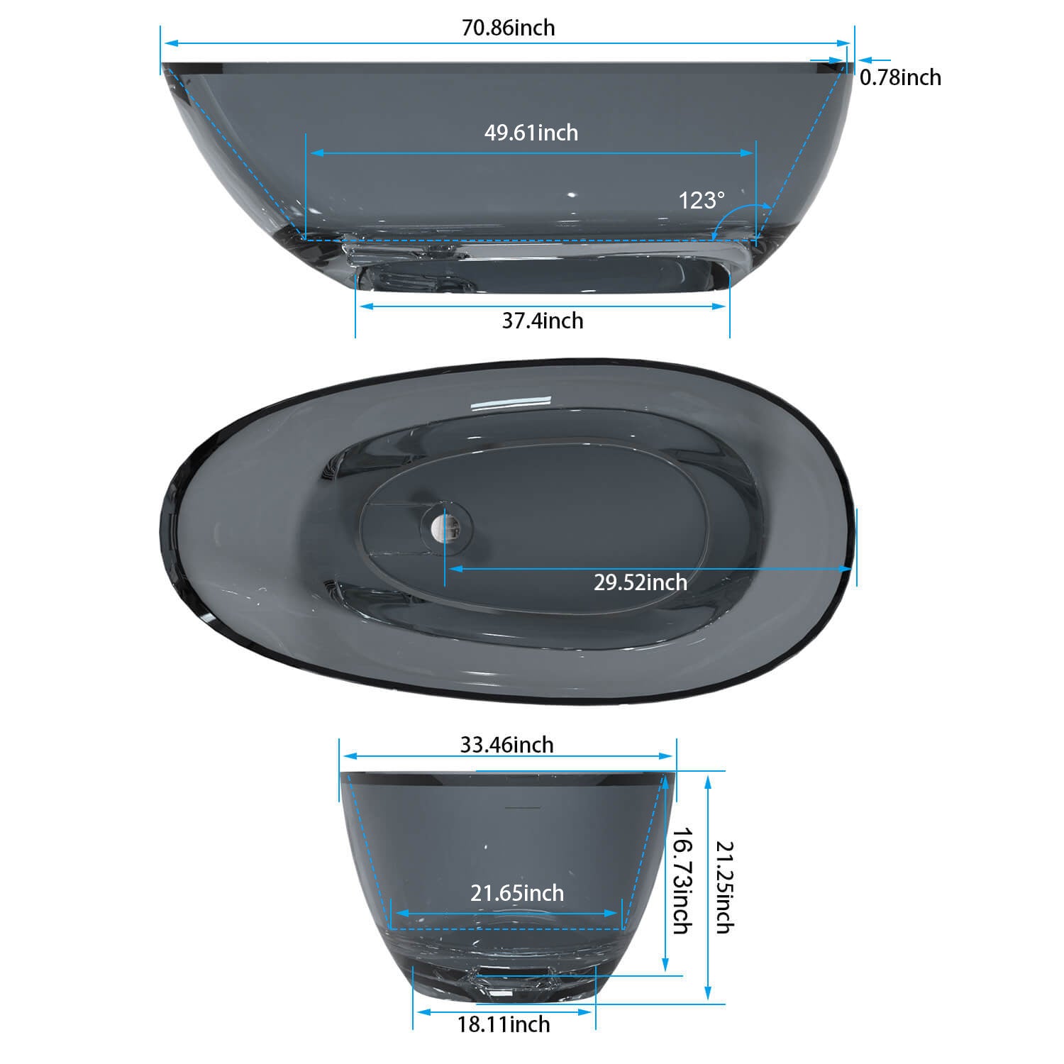 71&quot; Modern Art Resin Tub, Gray Transparent Egg Shape Freestanding Soaking Bathtub for Hotels