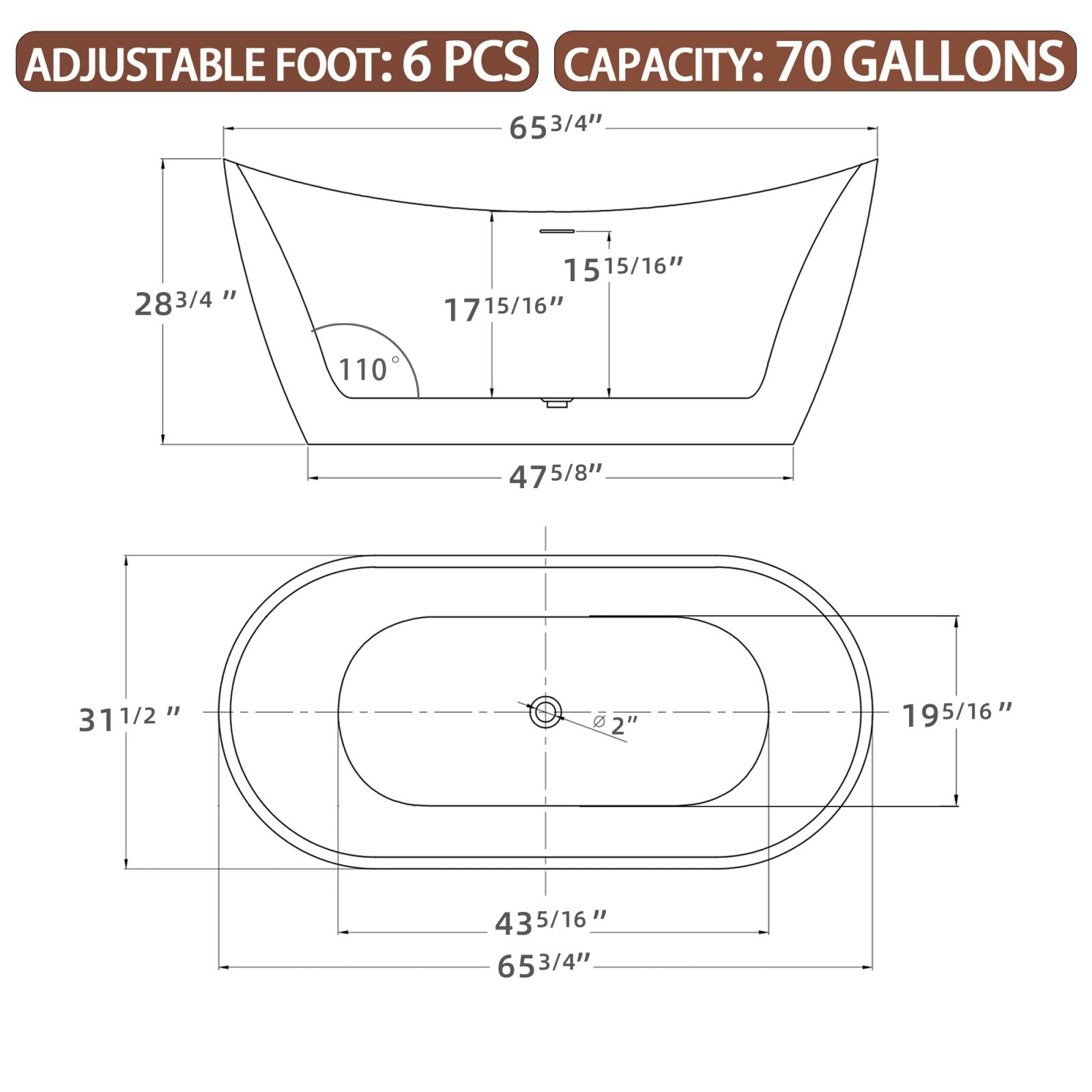 Dimensions for a 66&quot; Insulated Double Slipper Freestanding Tub