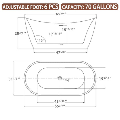 Dimensions for a 66&quot; Insulated Double Slipper Freestanding Tub