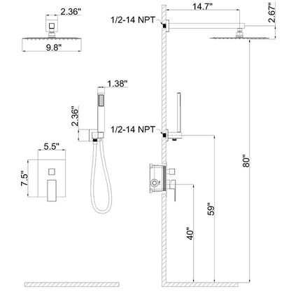 10&quot; Wall Mount Square Shower Systems with Head Shower &amp; Hand Shower Combo Set