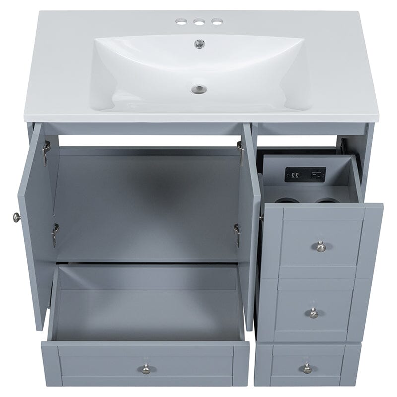 36-Inch Freestanding Drawer Bathroom Vanity with USB Charging and Single Sink