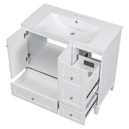 36-Inch Freestanding Drawer Bathroom Vanity with USB Charging and Single Sink