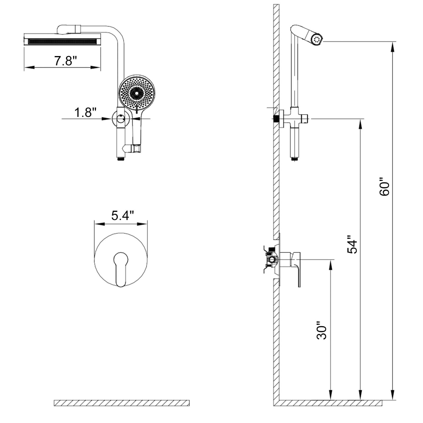 8&quot; Wall Bar Shower Kit with 360° Rotate 3-Spray Cylindrical Shower Head And 6-Spray Handheld