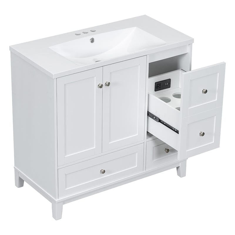 36-Inch Freestanding Drawer Bathroom Vanity with USB Charging and Single Sink