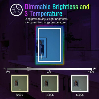 RGB LED Light Bathroom Vanity Mirror Rectangular Frameless Anti Fog