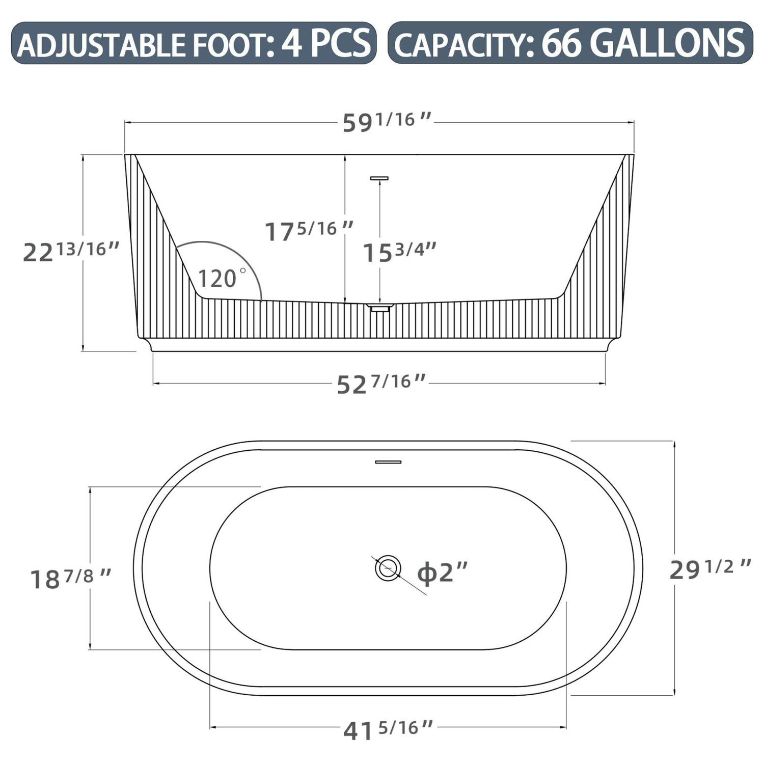 Dimensional outline drawing of 59&quot; acrylic Fluted deep soaking tub