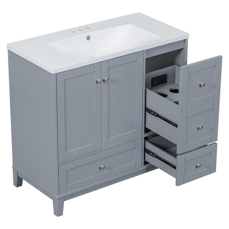 36-Inch Freestanding Drawer Bathroom Vanity with USB Charging and Single Sink