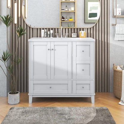 36-Inch Freestanding Drawer Bathroom Vanity with USB Charging and Single Sink