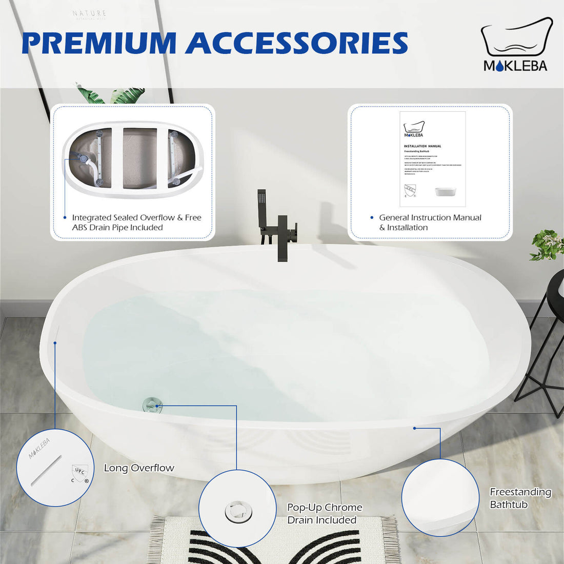 Mokleba 63&quot; Acrylic End Drain Freestanding Tub with Pop-up Drain