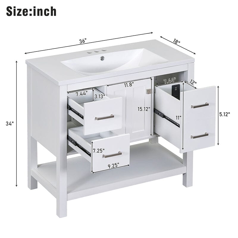 36-Inch Freestanding Drawer Bathroom Vanity with Resin Sink and USB Charging