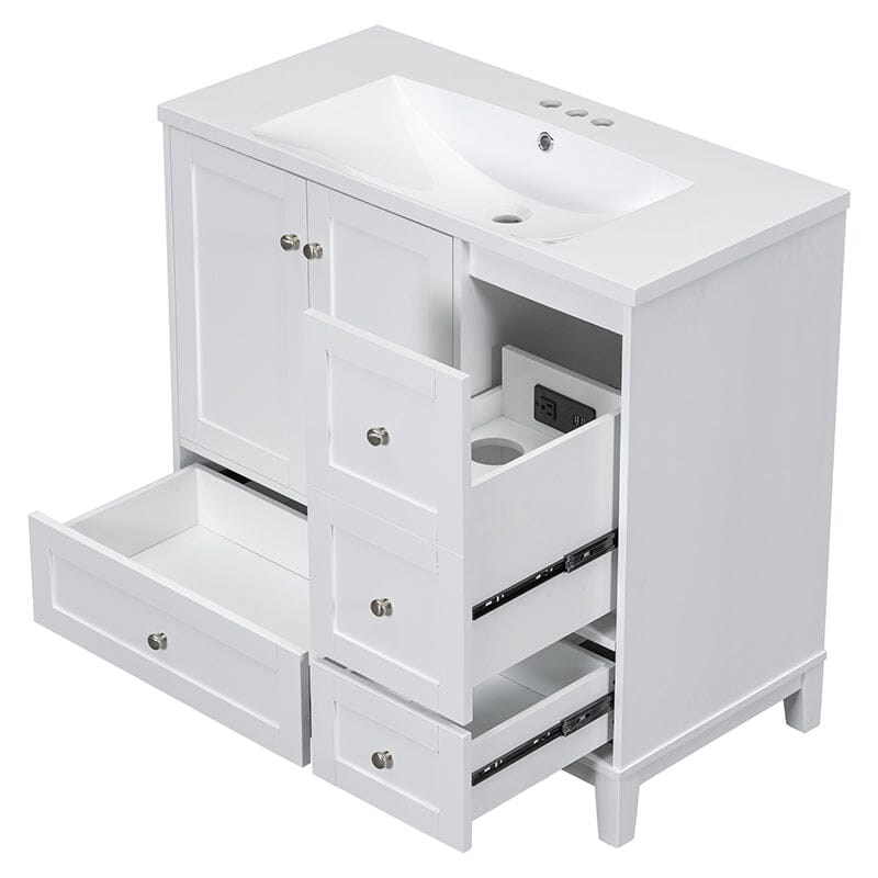 36-Inch Freestanding Drawer Bathroom Vanity with USB Charging and Single Sink