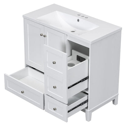 36-Inch Freestanding Drawer Bathroom Vanity with USB Charging and Single Sink