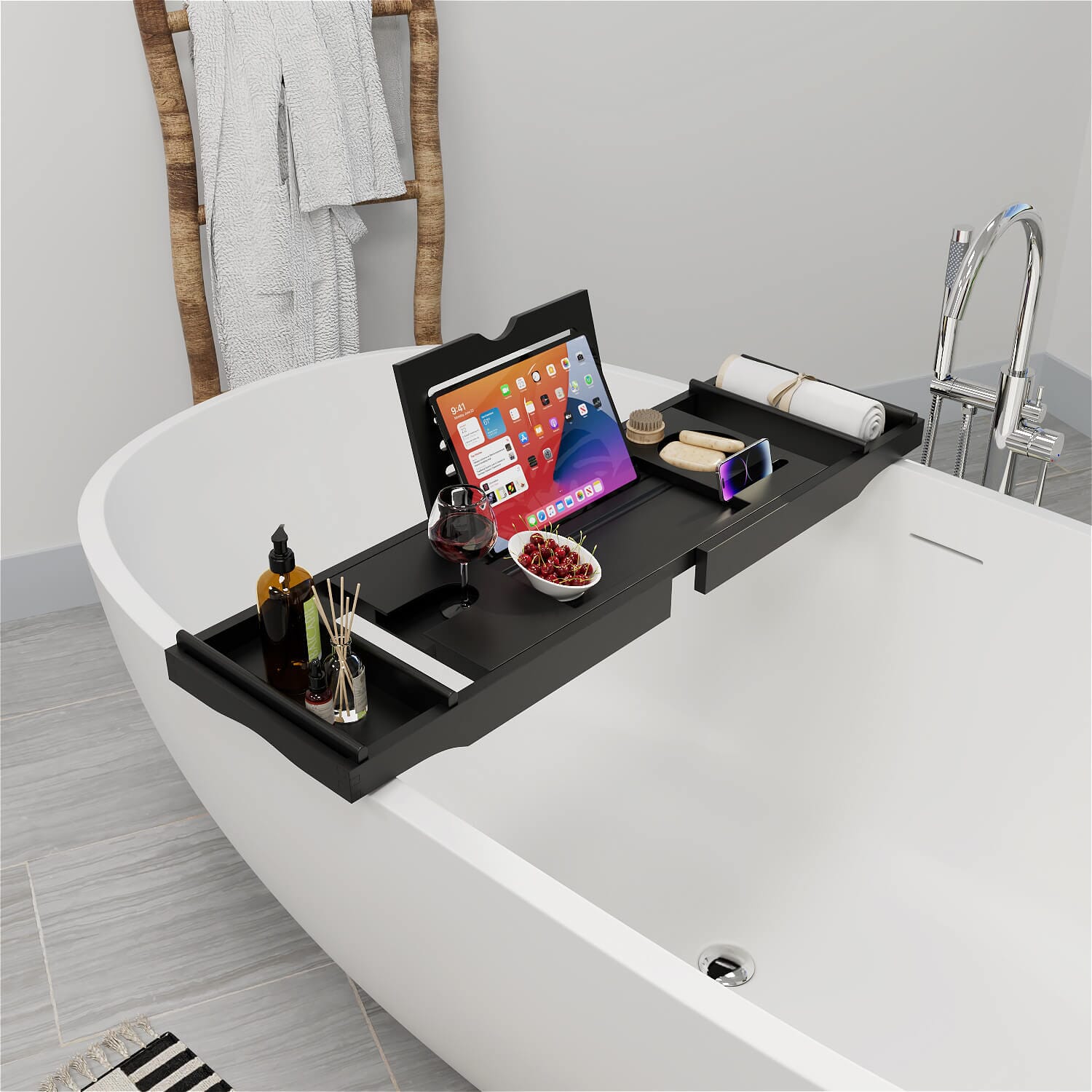 Luxury Bamboo Expandable Bathtub Caddy Tray with Smartphone Tablet Book Holders, Soap Tray, Wine Glass Slot, Black