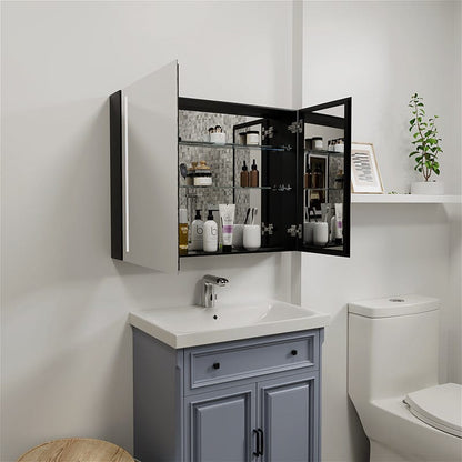 Rectangular Dimmable LED Lighted Medicine Cabinet with Mirror, Adjust Glass Shelves