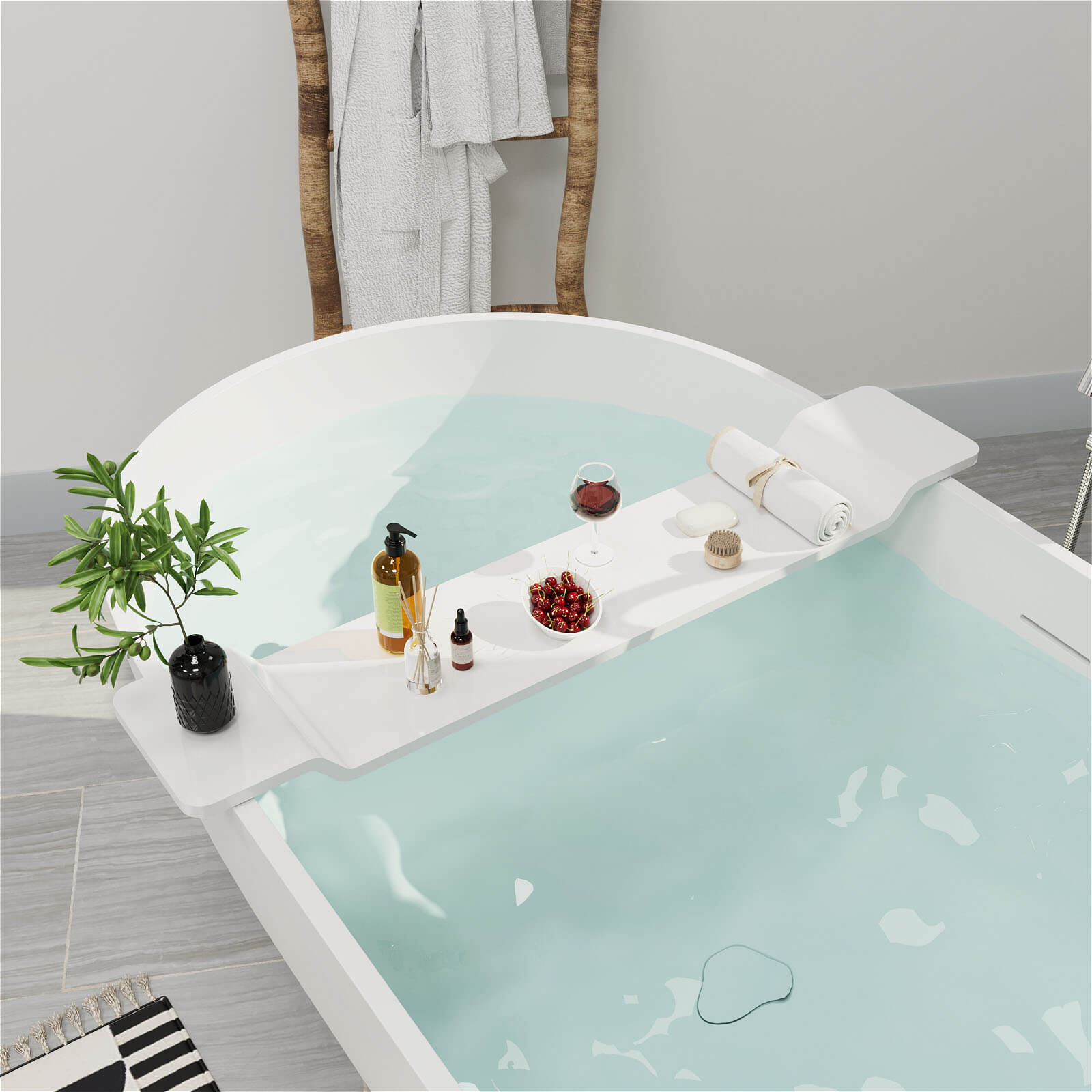 65&quot; Modern Oval Tub Solid Surface Stone Resin Freestanding Soaking Bathtub with Tub Tray