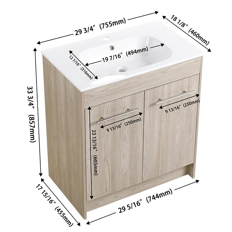 30-Inch Freestanding Bathroom Vanity with Sink and Soft-Close Doors