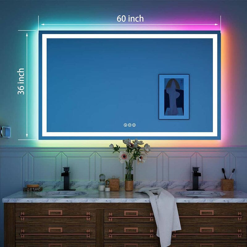 RGB LED Light Bathroom Vanity Mirror Rectangular Frameless Anti Fog