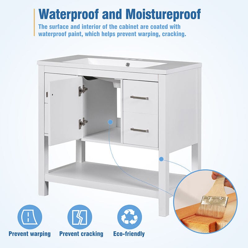 36-Inch Freestanding Drawer Bathroom Vanity with Resin Sink and USB Charging