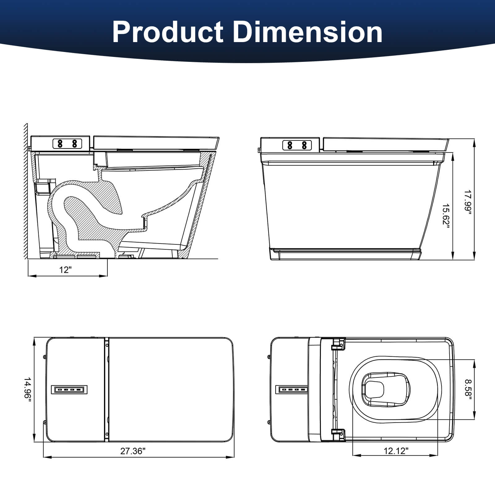 Square Smart Bidet Toilet with Remote Control, One Piece Tankless, Heated Seat, Warm Water and Dry