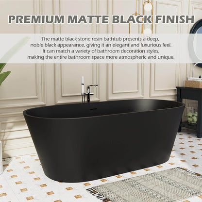 65&quot; Stone Resin Bathtub Oval-shaped Solid Surface Stand Alone Tub with Pop-up Drain