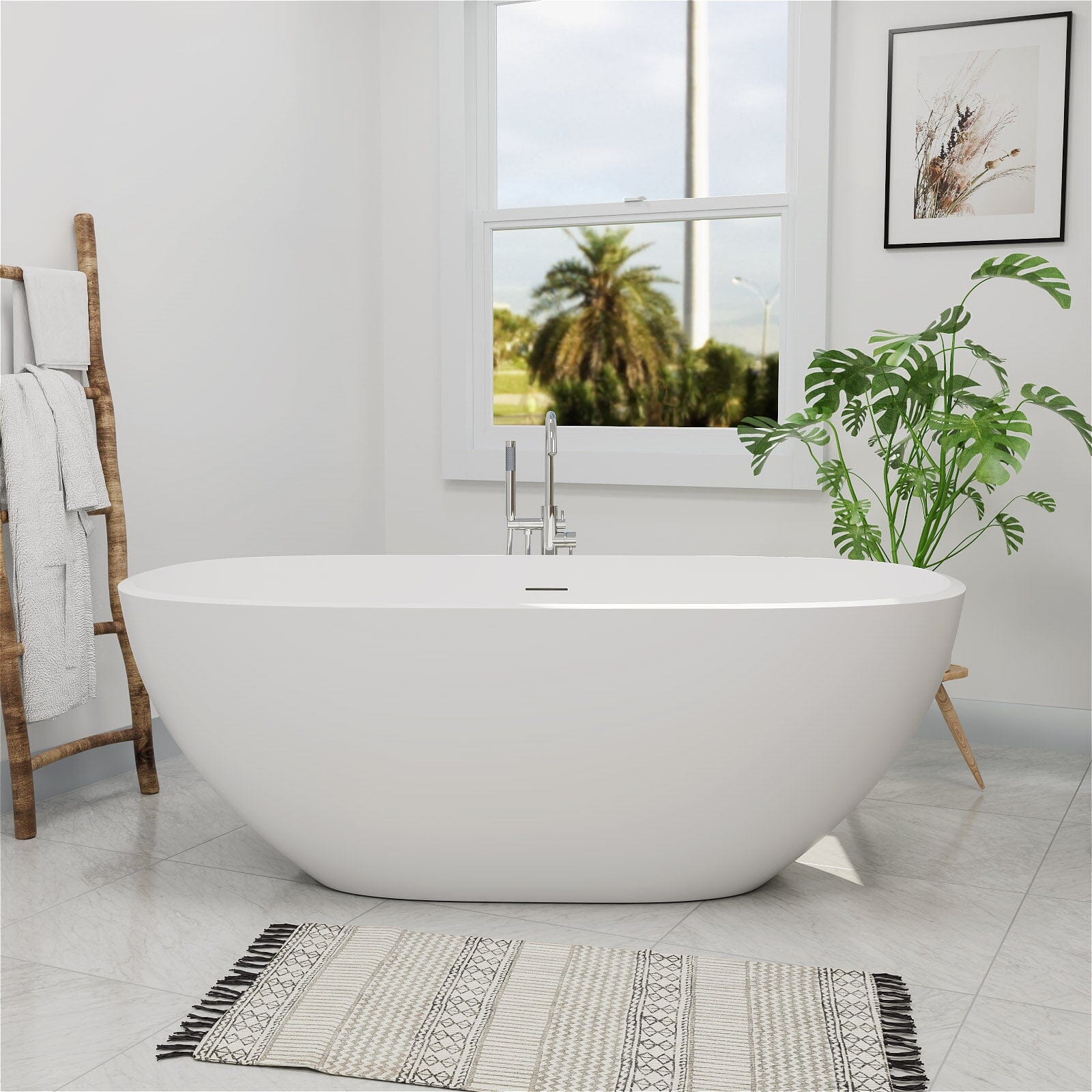 65&quot; Modern Oval Tub Solid Surface Stone Resin Freestanding Soaking Bathtub with Tub Tray