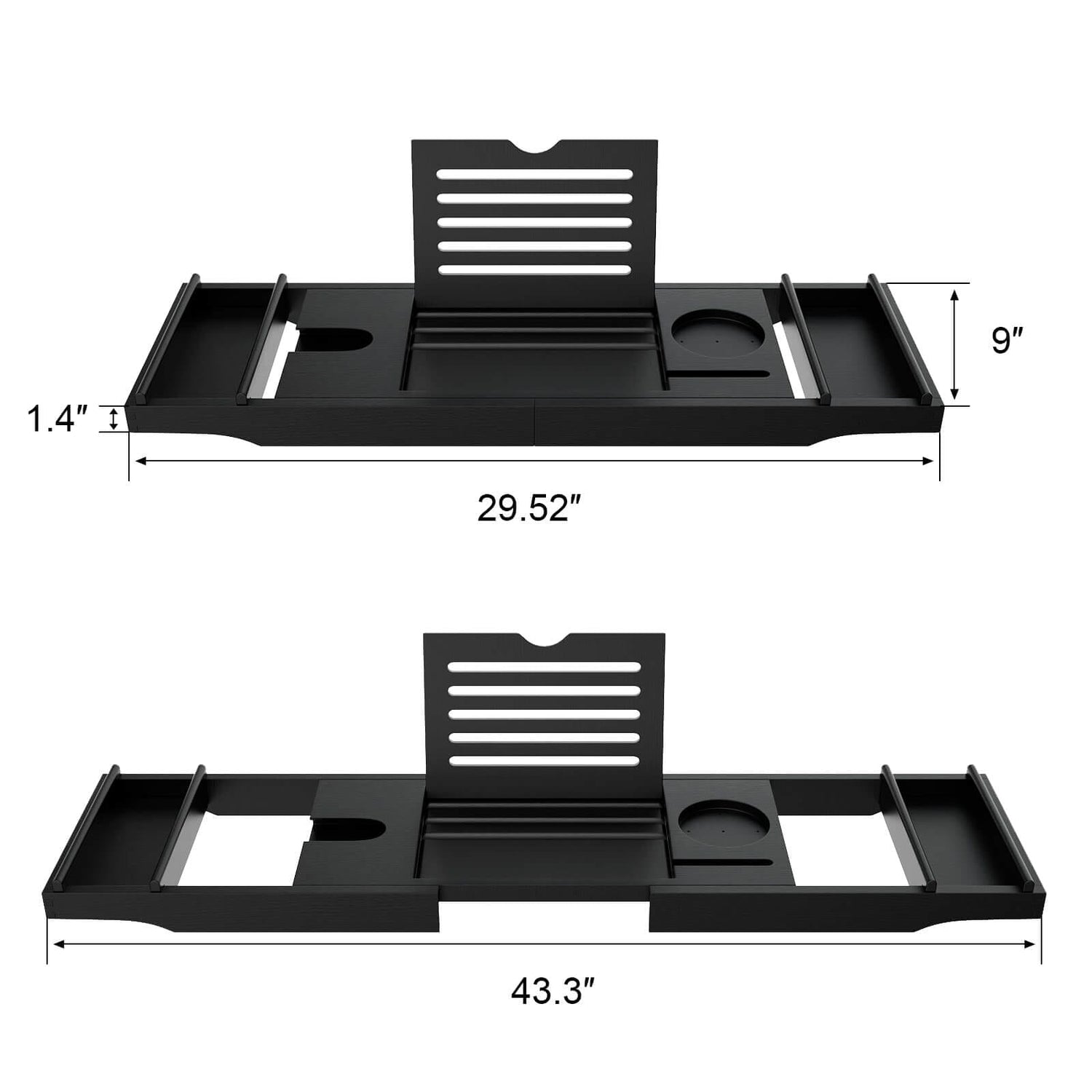 Luxury Bamboo Expandable Bathtub Caddy Tray with Smartphone Tablet Book Holders, Soap Tray, Wine Glass Slot, Black