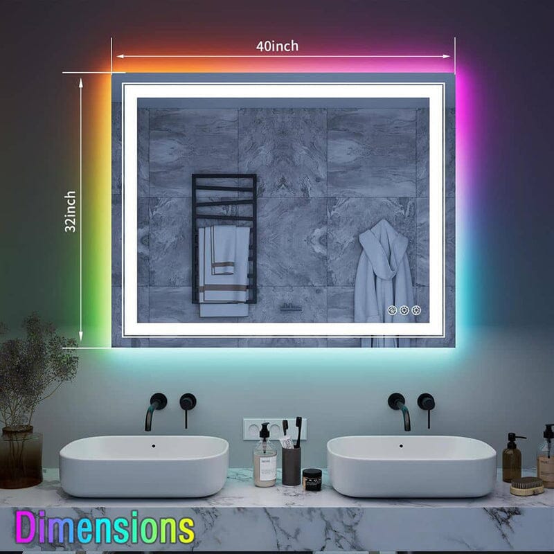 RGB LED Light Bathroom Vanity Mirror Rectangular Frameless Anti Fog