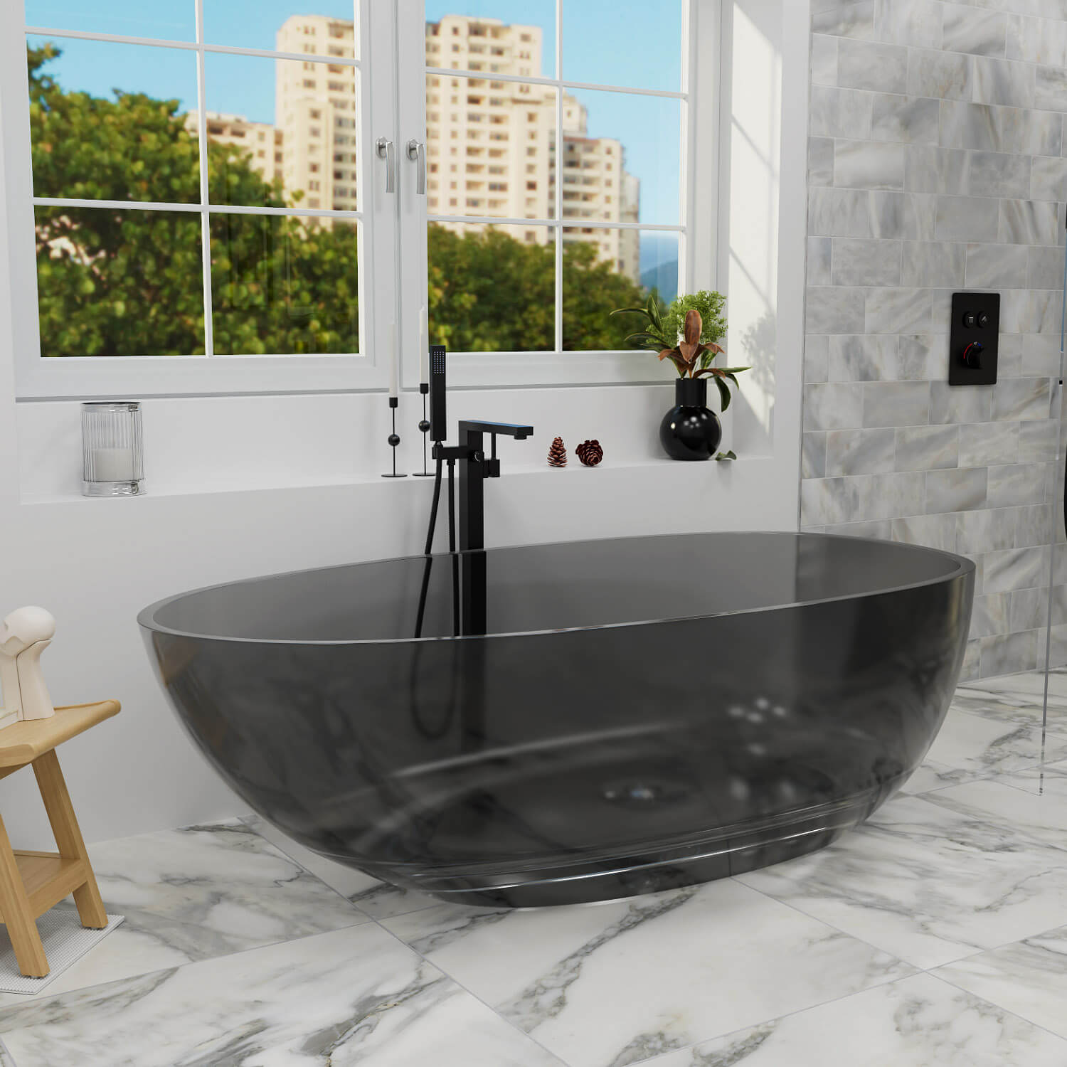 67&quot; Modern Art Resin Tub, Gray Transparent Egg Shape Freestanding Soaking Bathtub for Hotels