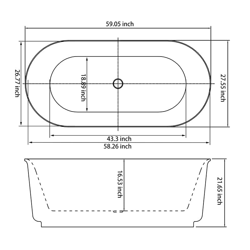 59&quot; Brown Oval Solid Surface Freestanding Soaking Tub Dimensions Outline