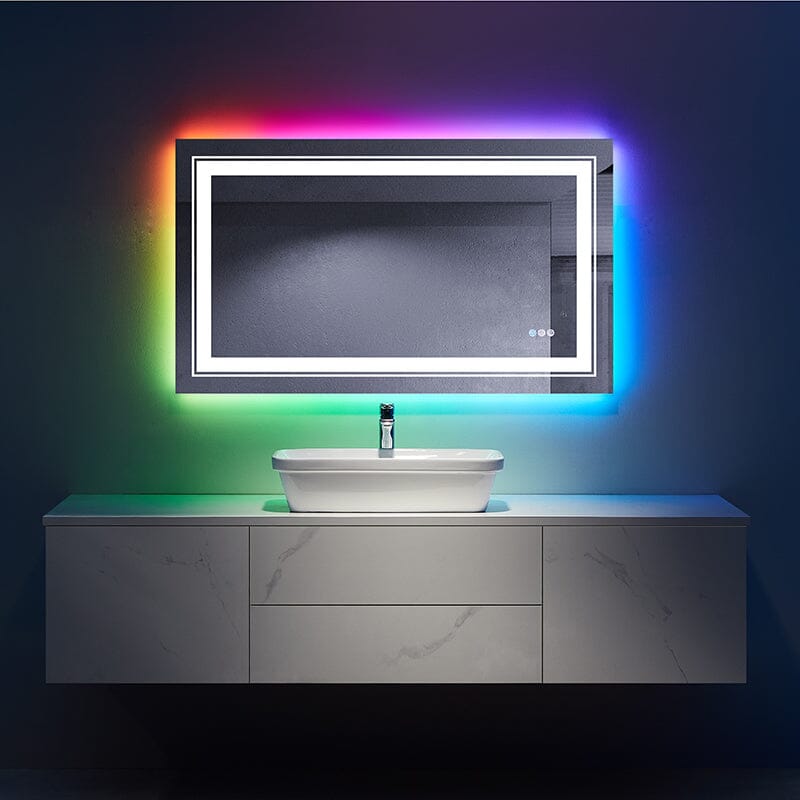 RGB LED Light Bathroom Vanity Mirror Small Rectangular Frameless Anti Fog