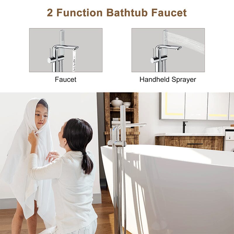 Bathroom Freestanding Tub Filler Faucet with Hand Shower Chrome