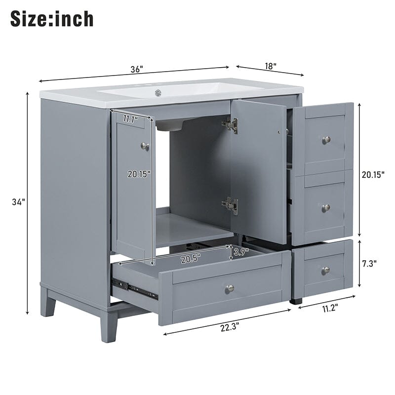 36-Inch Freestanding Drawer Bathroom Vanity with USB Charging and Single Sink