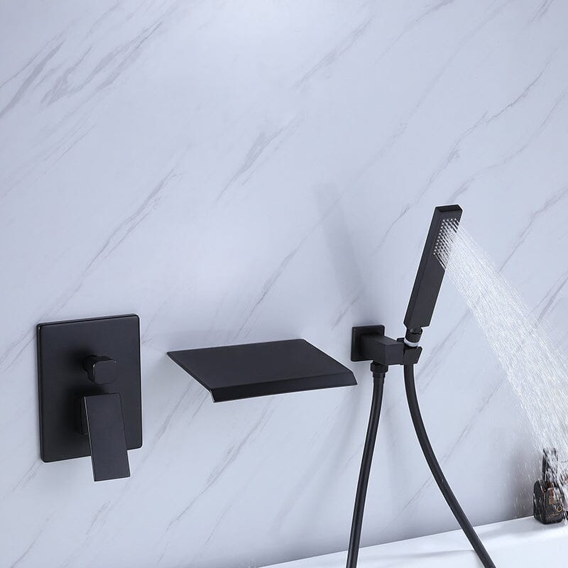 Waterfall Wall Mount Tub Faucet with Hand Shower, Matte Black