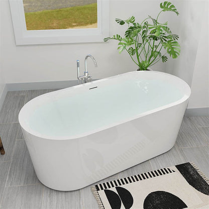 Mokleba 65&quot; Acrylic Oval Flatbottom Freestanding Soaking Bathtub in Glossy White