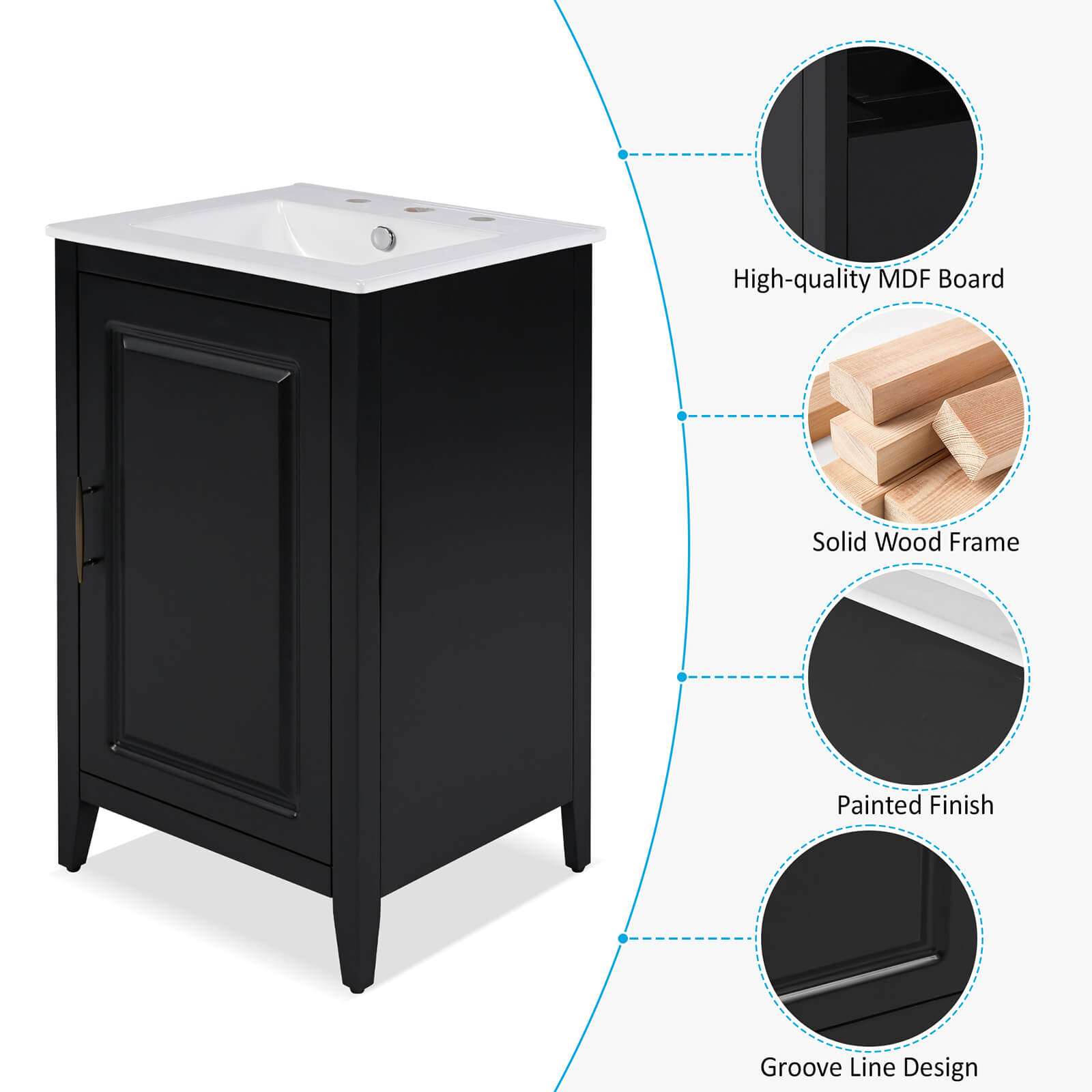 20 Inch Black Minimalist Bathroom Vanity with Storage Material Description