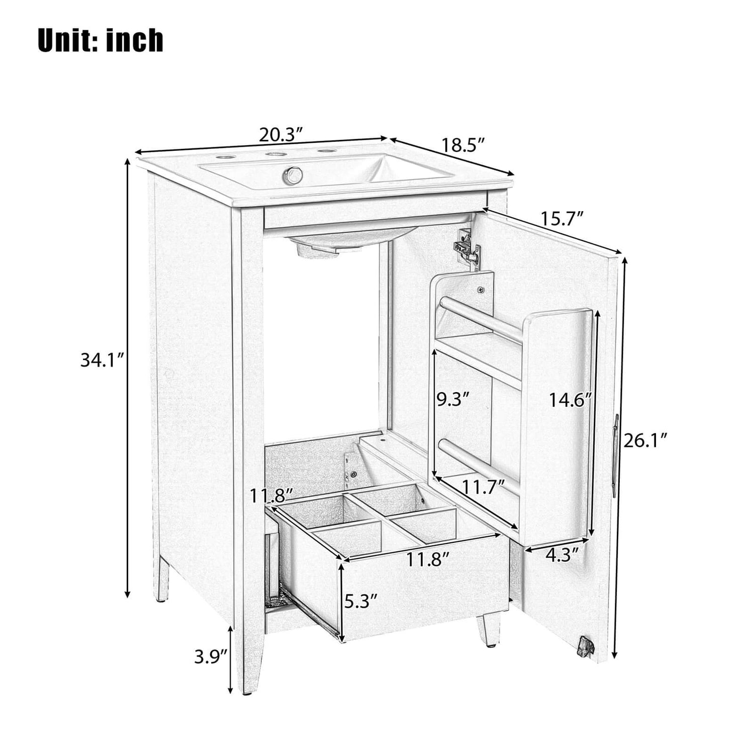 20 Inch Black Simple Bathroom Vanity with Storage Overall Dimensions Specifications