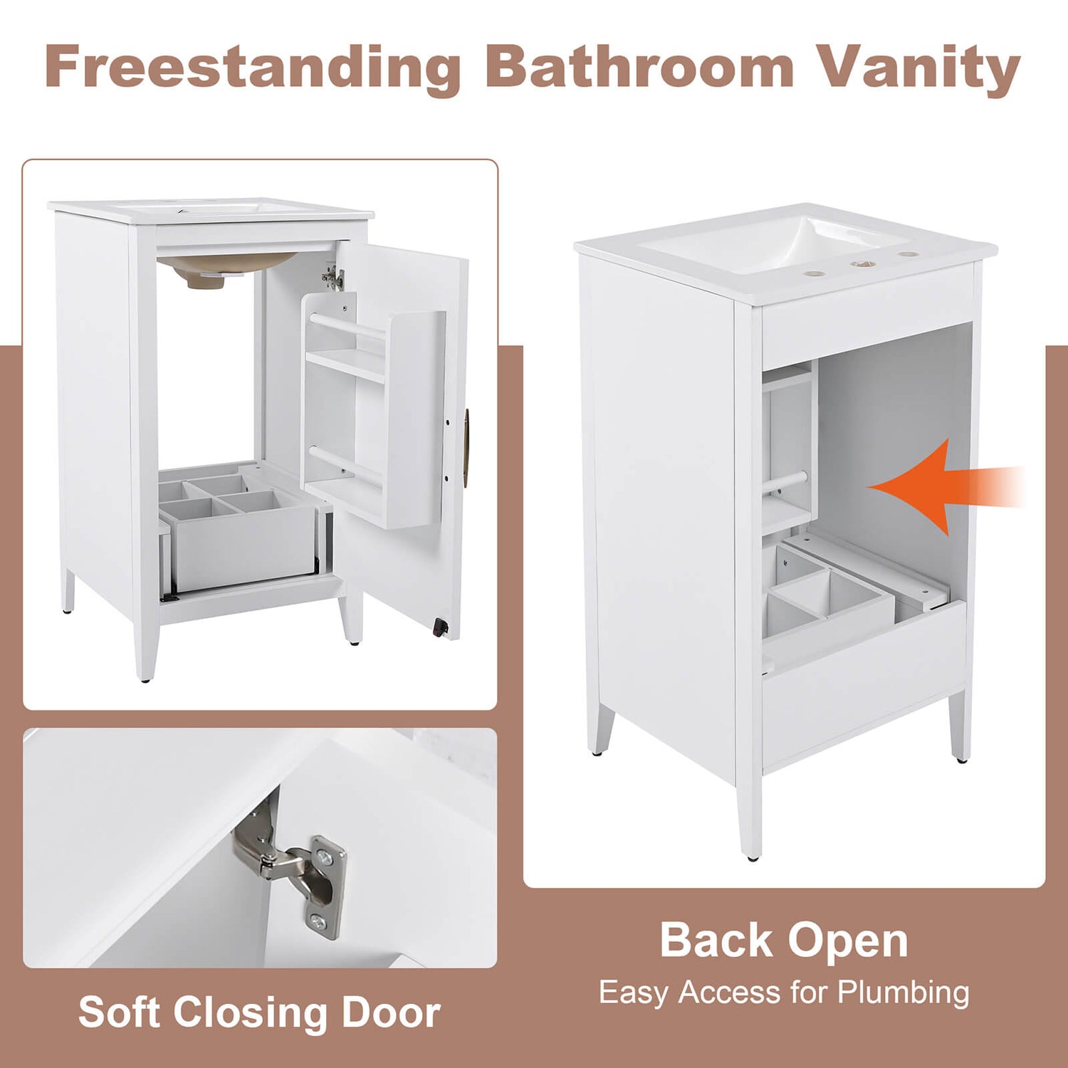 20 Inch White Minimalist Freestanding Bathroom Vanity with Storage